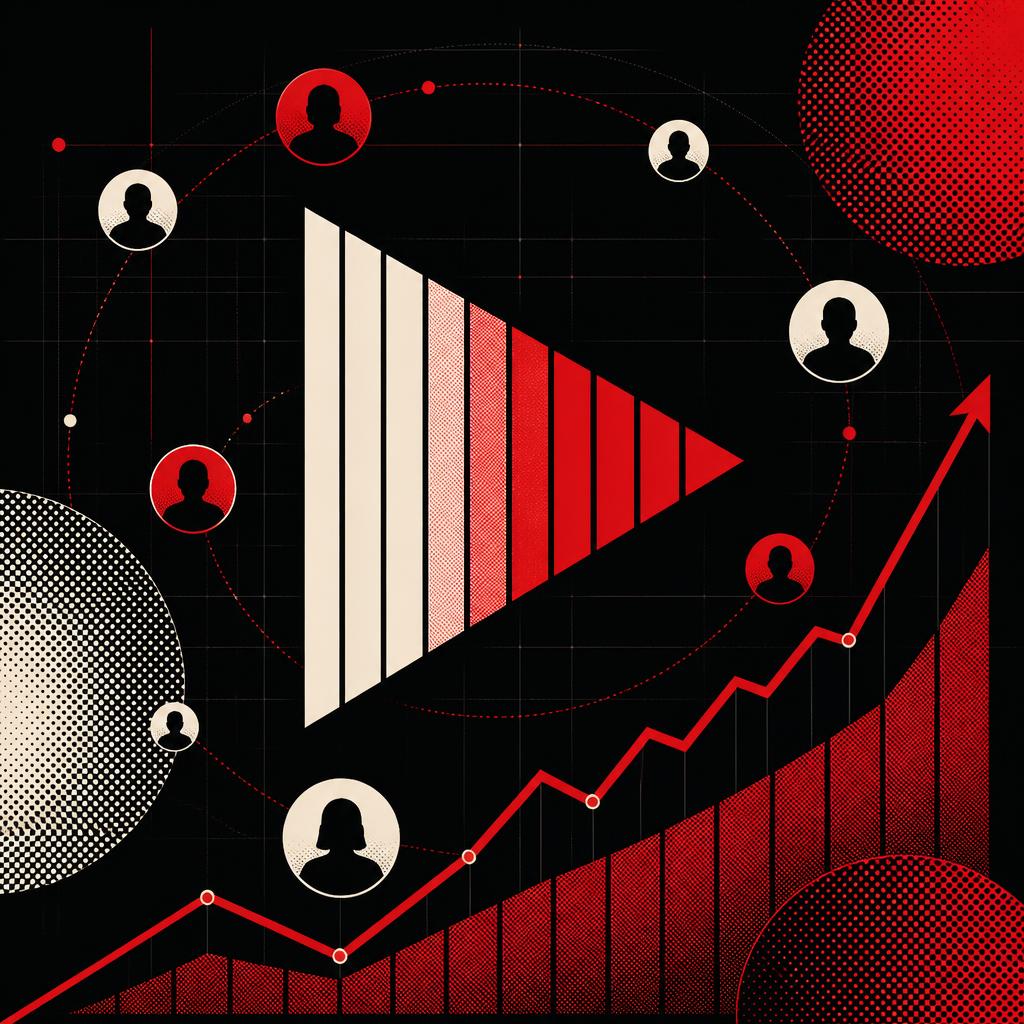 Dark editorial illustration of a play button, rising subscriber graph and orbiting profiles